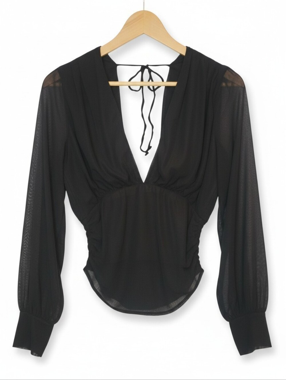Revamped Black Sheer V-Neck Long-Sleeve Blouse